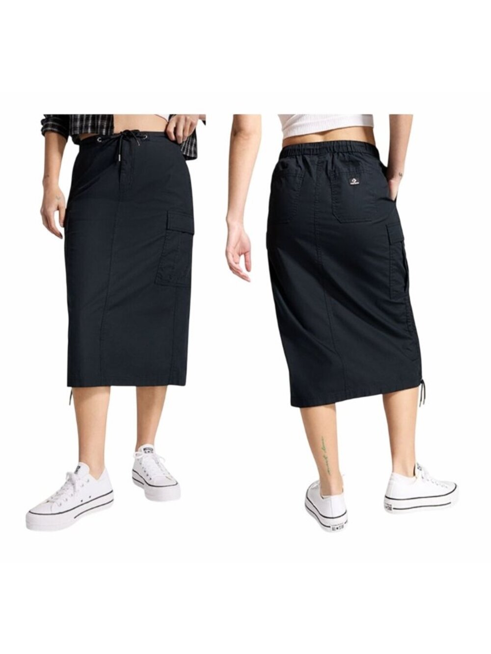 ⭐Converse Women's Maxi Skirt Long Woven Cargo Size S Black Street Wear 4 Pockets